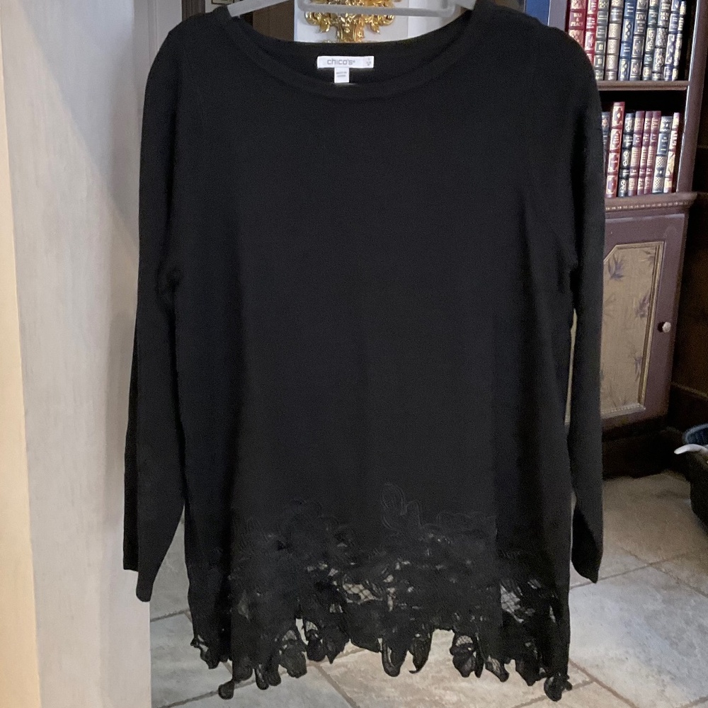 NEW Chico's Black Knit Long Sleeve Sweater Top with Lace Trim Size S (Sz 1)